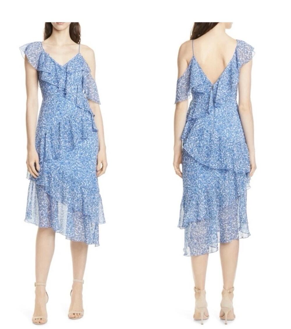 Alice + Olivia Olympia Blue Floral Print Silk Ruffled Asymmetric Midi Dress 2